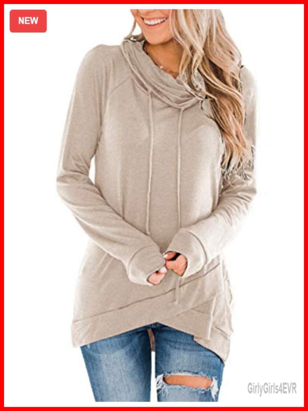 Womens Cowl Neck Tunic Sweatshirt Long Sleeve Pullover Drawstring